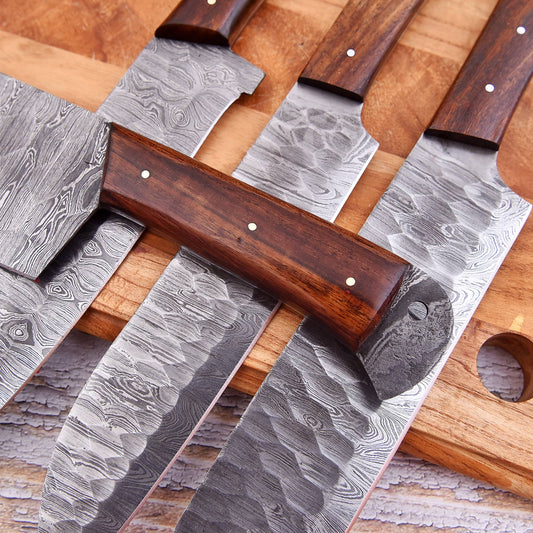 4-Piece Handmade Damascus-Pattern Chef Knife Set – Wooden Handle Kitchen Knives 372