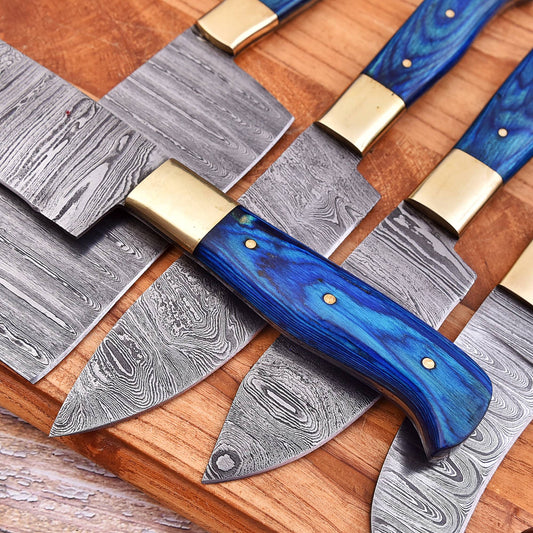 5-Piece Damascus-Pattern Chef Knife Set – Brass Bolster Kitchen Knife Collection 373