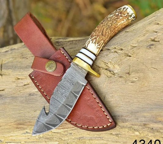 Handmade Damascus Knife Fix Blade Hunting Bowie Skinner Stag Antler Handle - Image 2