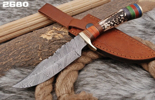 Custom Handmade Damascus Stag Antler Handle Bowie Knife Hunting Knife Skinning - Image 2
