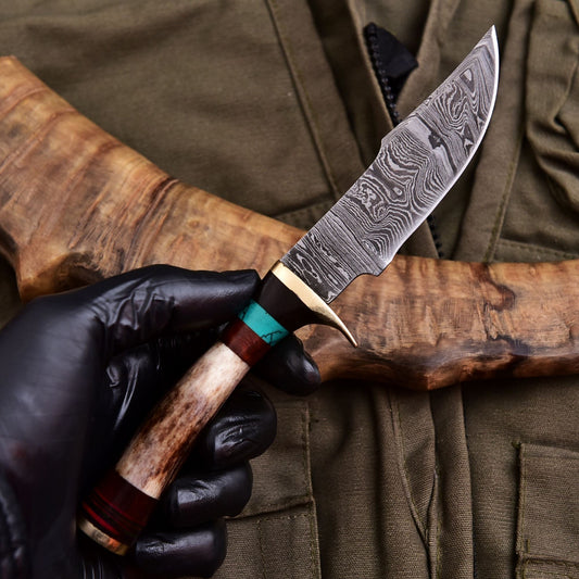 Forged Damascus Blade Skinning Knife Stag Antler Handle Brass Guard With Sheath - Image 2
