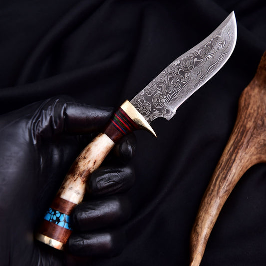 Damascus Steel Blade Skinning Knife Stag Antler Handle Tactical Outdoor Hunting - Image 2