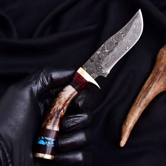 Custom Handmade Damascus Steel Blade Skinning Knife Original Stag Antler Handle - Image 2