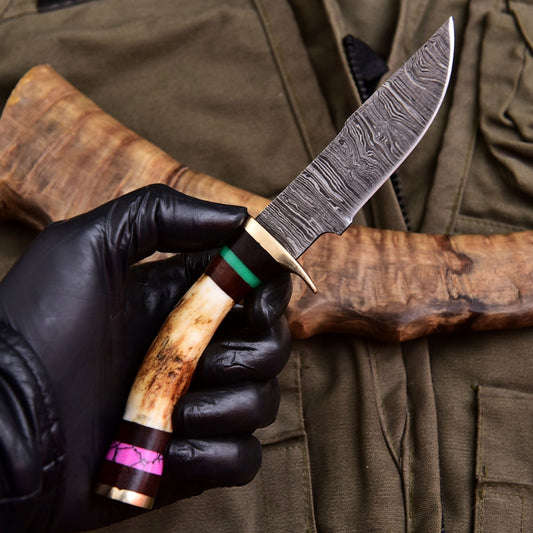 Forged Damascus Blade Skinning Knife Stag Antler Handle Brass Guard With Sheath - Image 2