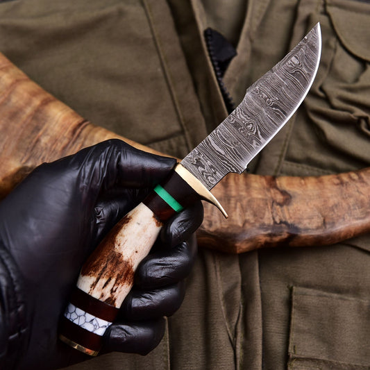 Forged Damascus Blade Skinning Knife Stag Antler Handle Brass Guard With Sheath - Image 2