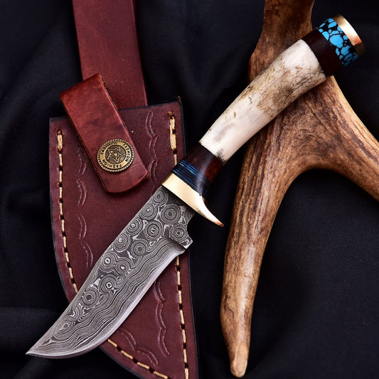 Forged Damascus Blade Skinner Knife Stag Antler Handle Tactical Survival Hunting - Image 2