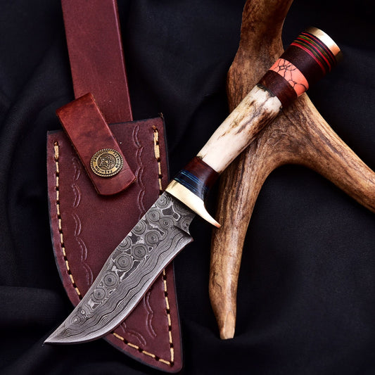 Forged Damascus Blade Skinner Knife Stag Antler Handle Tactical Survival Hunting - Image 2