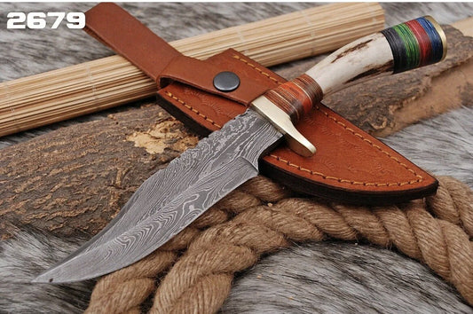 Handmade Damascus Stag Handle Forged Bowie Knife Hunting Knife Skinning Edc 10" - Image 2