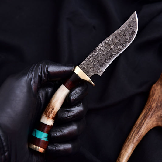 Forged Damascus Blade Skinning Knife Stag Antler Handle Tactical Survival Hunter - Image 2