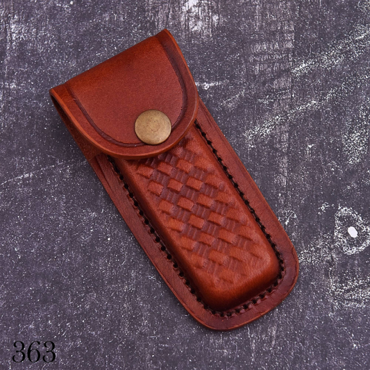 Handmade Brown Leather Knife Sheath – Basket Weave Folding Knife Pouch with Snap Closure – product image 1