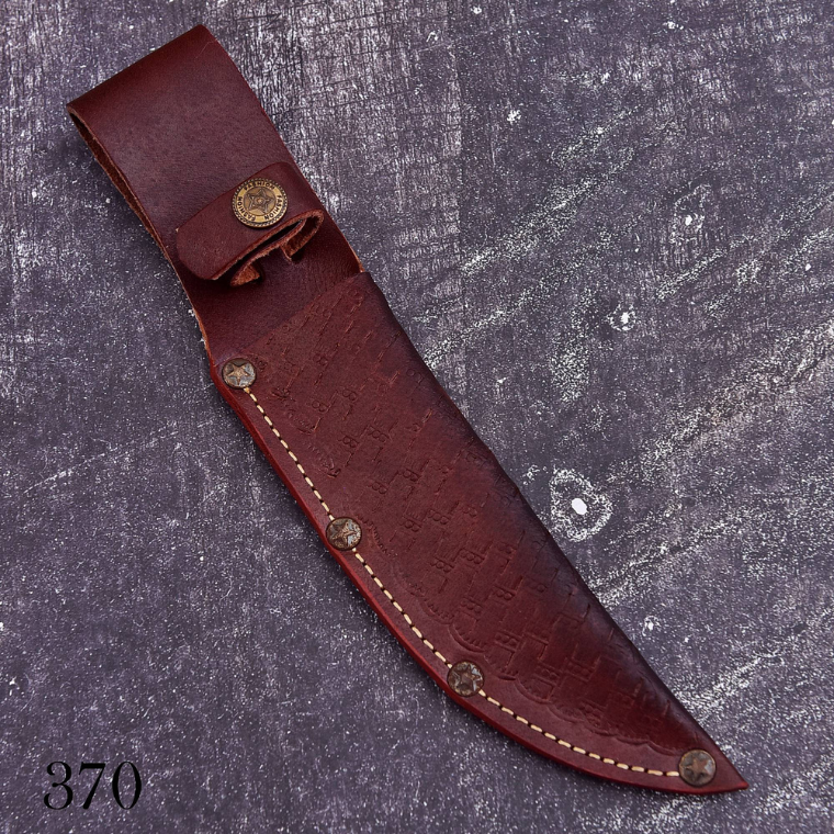 Handmade brown leather fixed blade knife sheath with basket weave design, snap flap, metal rivets, and stitched edges