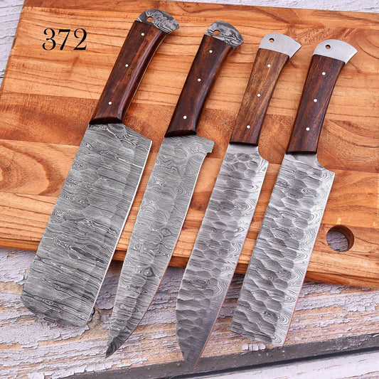 4-Piece Handmade Damascus-Pattern Chef Knife Set – Wooden Handle Kitchen Knives 372