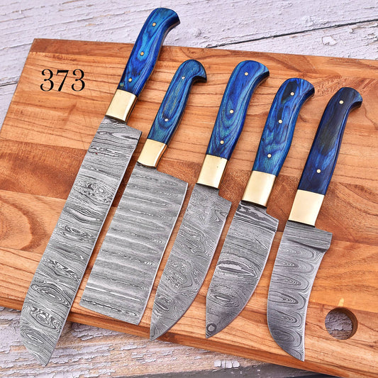 5-Piece Damascus-Pattern Chef Knife Set – Brass Bolster Kitchen Knife Collection 373
