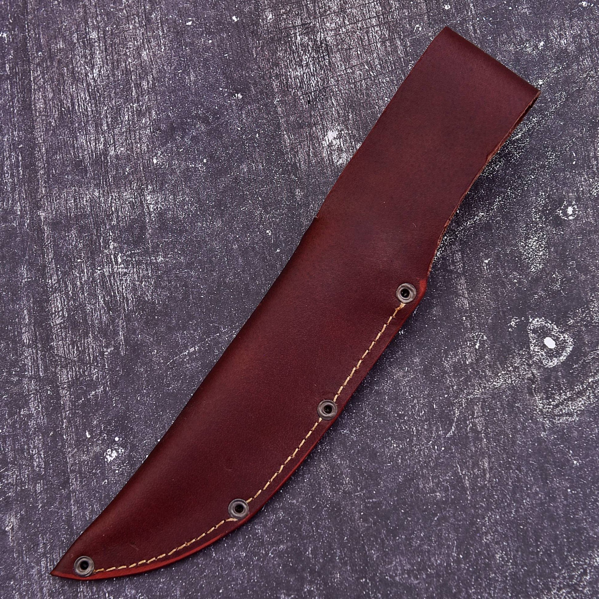 Handmade leather fixed blade sheath with basket weave pattern and snap-button flap