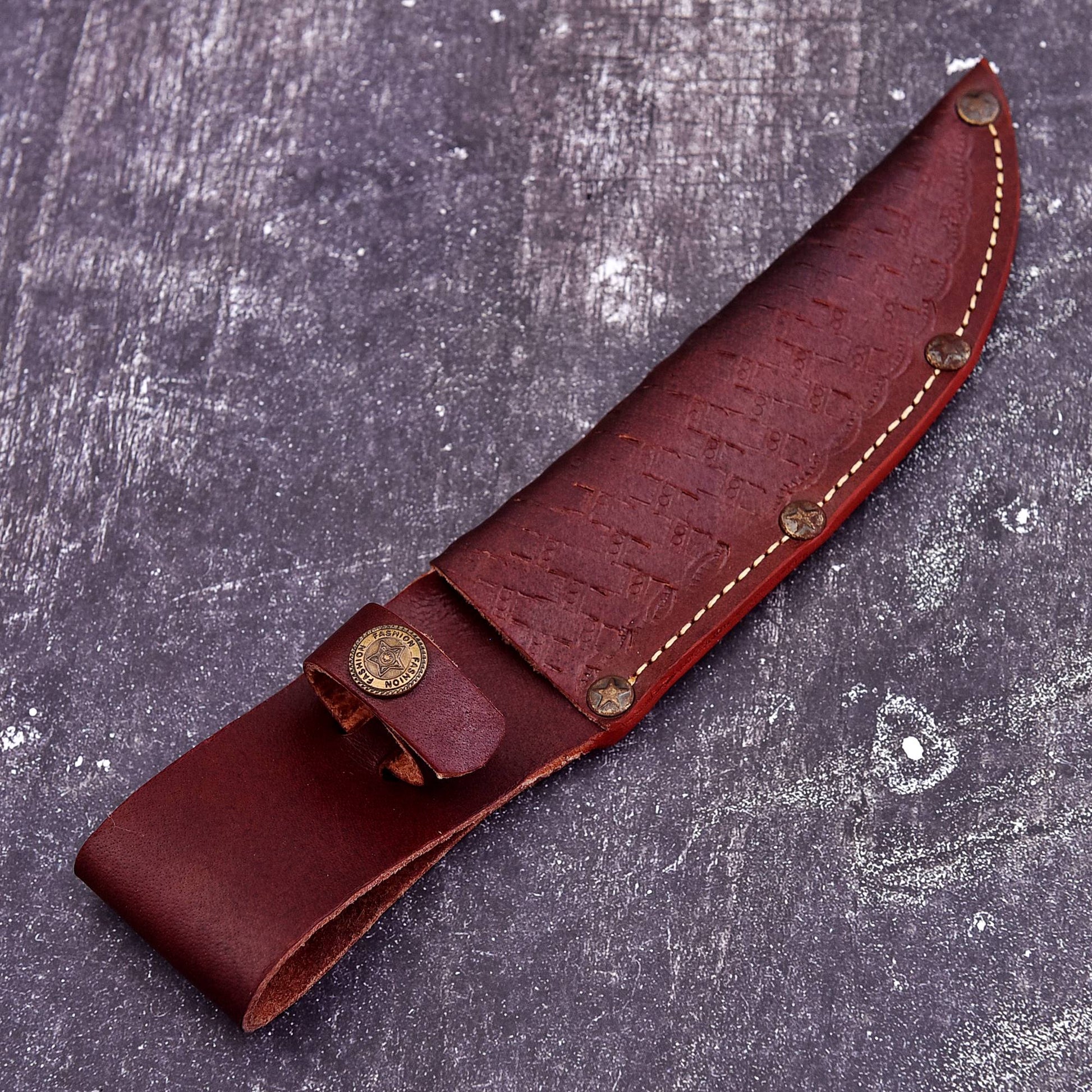 Custom brown leather knife sheath for fixed blade knife storage and outdoor carry