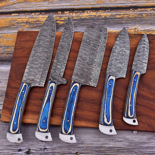 Five kitchen knives with textured steel blades and blue-and-cream striped handles arranged on a wooden cutting board over a rustic weathered wood surface.