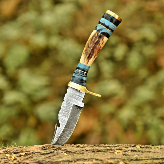 Damascus Blade Skinning Knife Stag Antler Turquoise Handle Brass Guard Sheath - Image 1