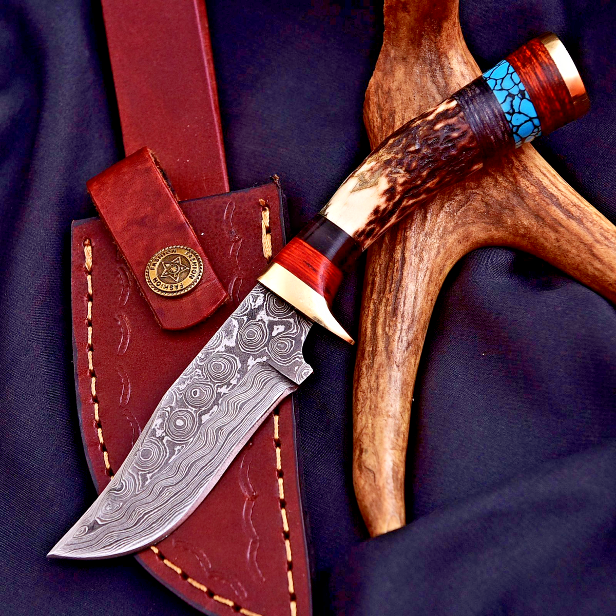 Vintage Damascus Blade Skinner Knife Stag Antler Handle Tactical Outdoor Hunting - Image 3