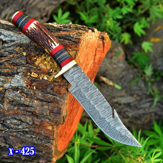 Custom Handmade Damascus Steel Hunting Skinning Knife Deer Stag Handle Guthook - Image 1