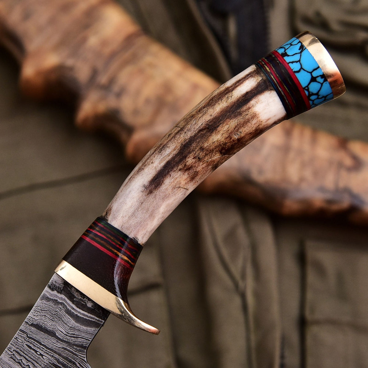 Forged Damascus Blade Skinning Knife Stag Antler Handle Tactical Survival Hunt - Image 3
