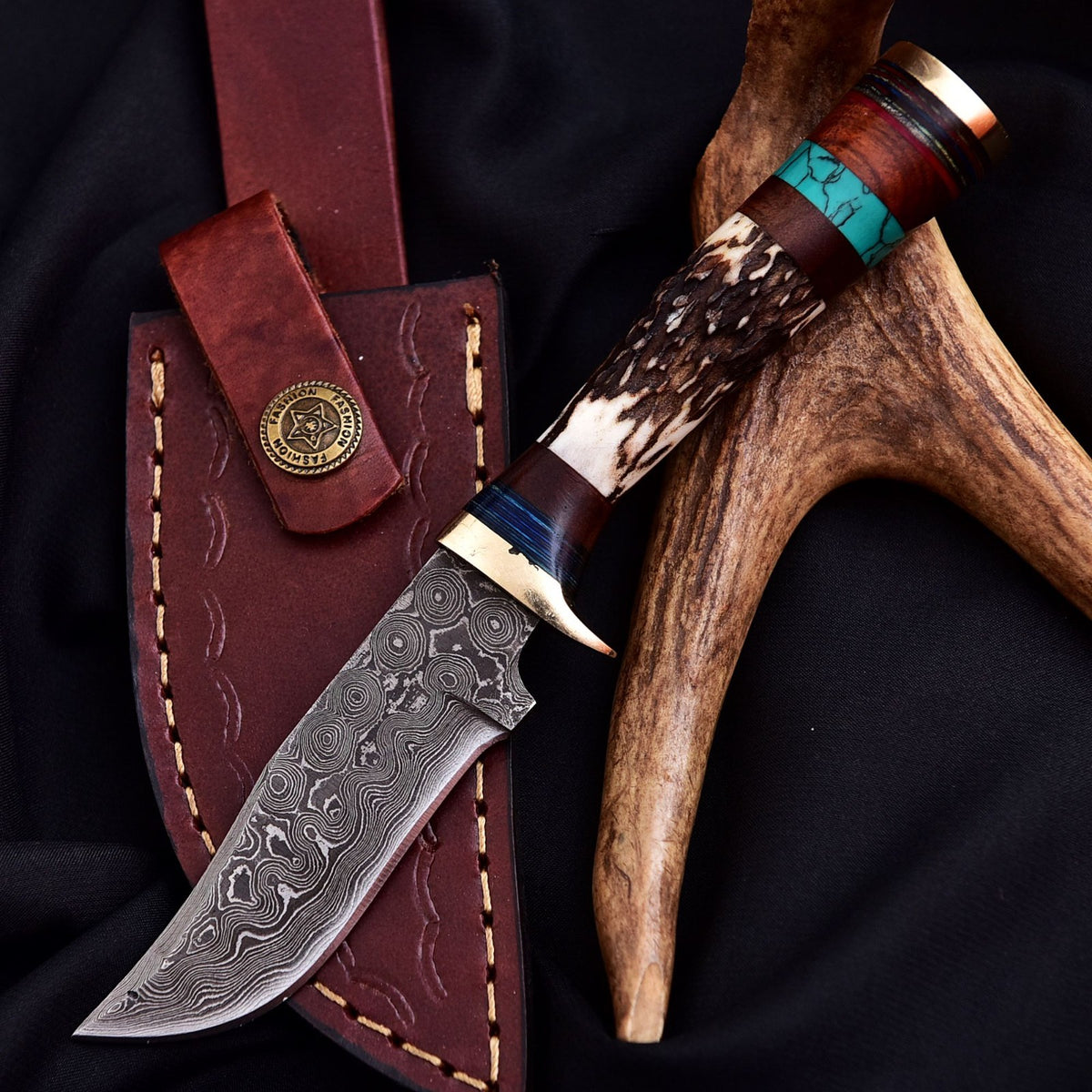Forged Damascus Blade Skinner Knife Stag Antler Handle Tactical Survival Hunting - Image 1