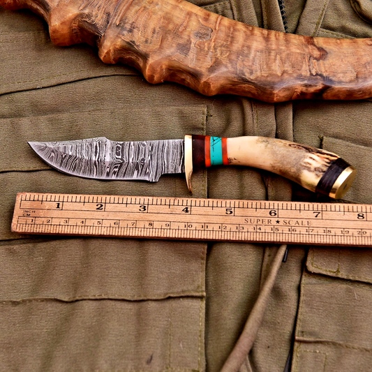 Forged Damascus Blade Skinning Knife Stag Antler Handle Brass Guard With Sheath - Image 1