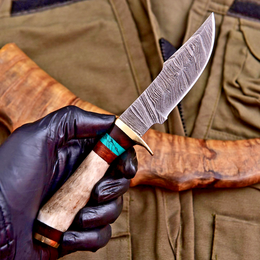 Forged Damascus Blade Skinning Knife Stag Antler Handle Brass Guard With Sheath - Image 1