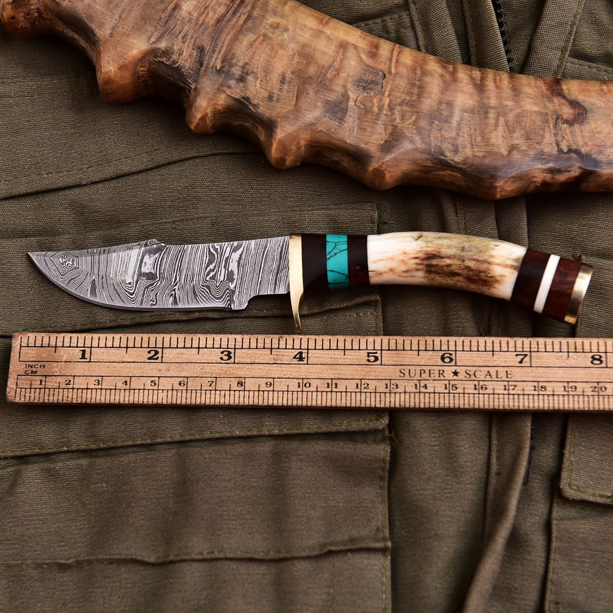 Forged Damascus Blade Skinning Knife Stag Antler Handle Brass Guard With Sheath - Image 4