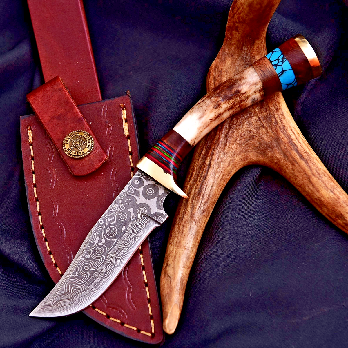 Damascus Steel Blade Skinning Knife Stag Antler Handle Tactical Outdoor Hunting - Image 1
