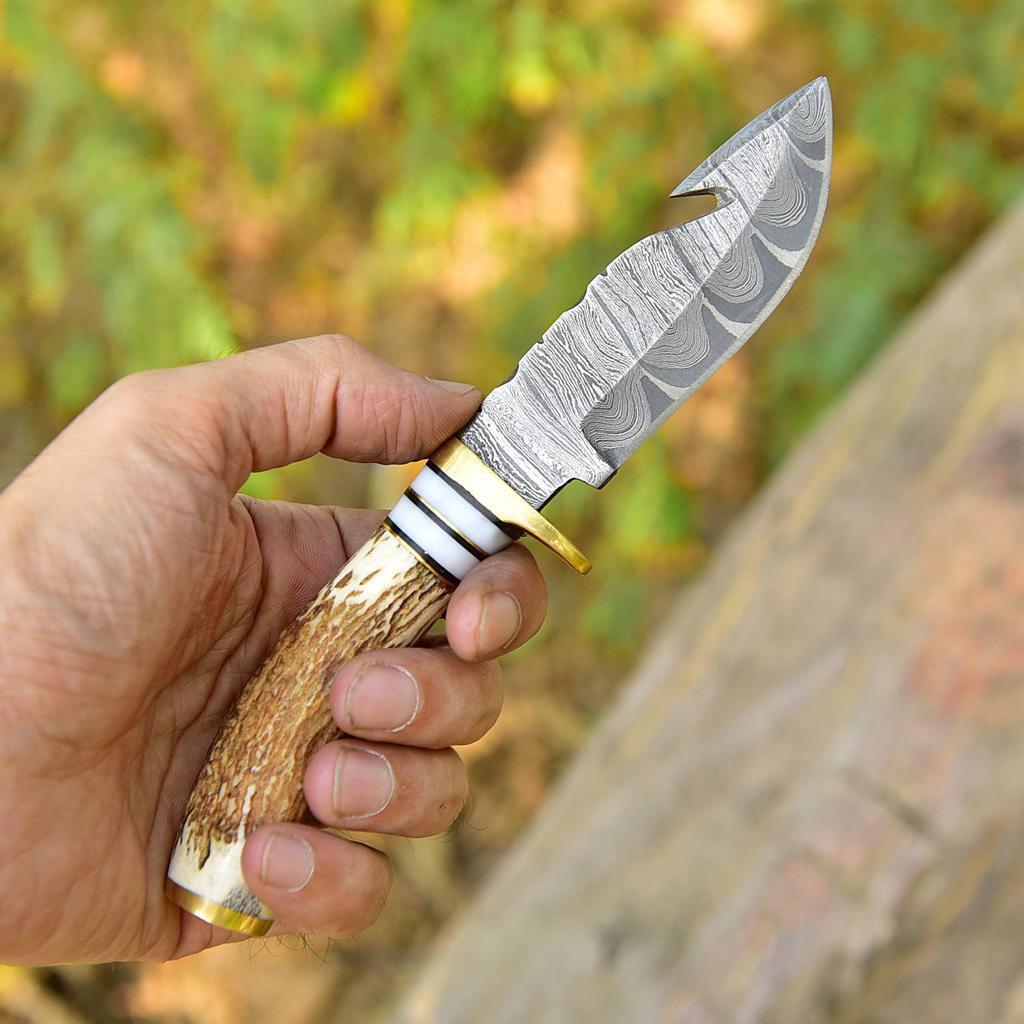 Handmade Damascus Knife Fix Blade Hunting Bowie Skinner Stag Antler Handle - Image 6