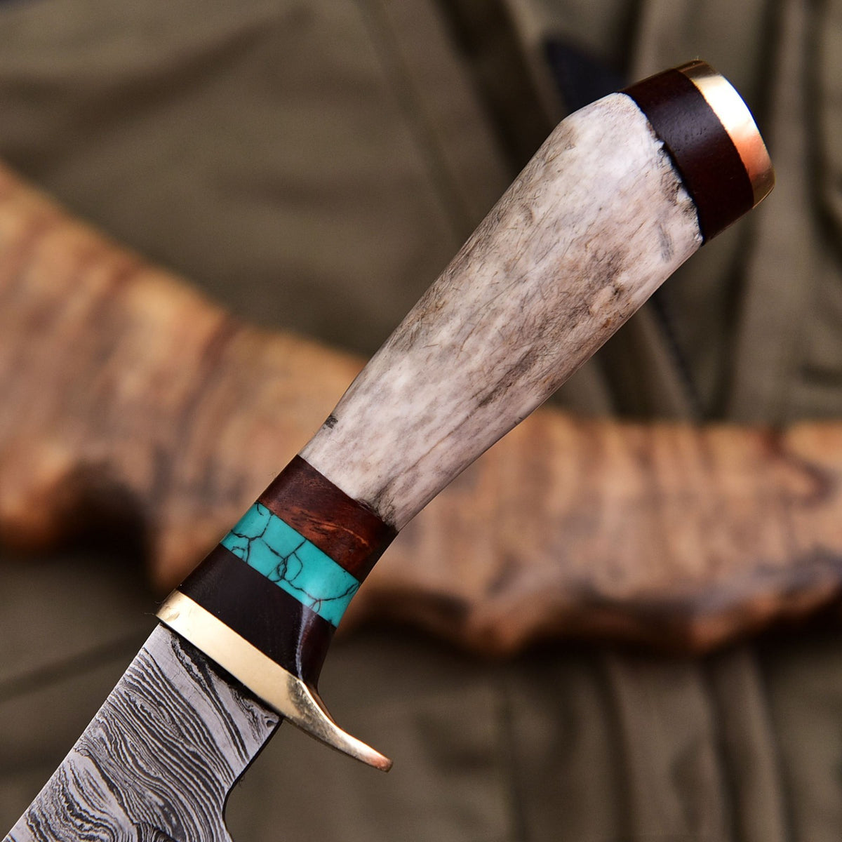 Forged Damascus Blade Skinning Knife Stag Antler Handle Brass Guard With Sheath - Image 3