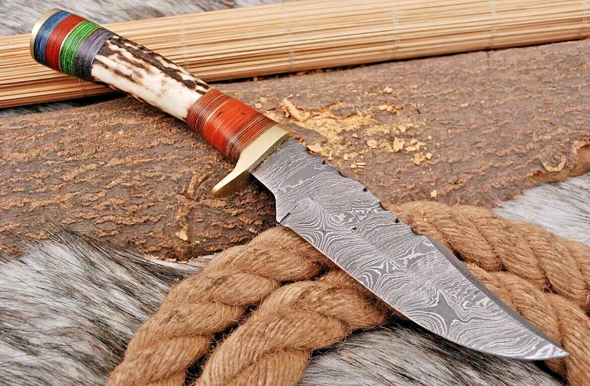 Custom Handmade Damascus Stag Antler Handle Bowie Knife Hunting Knife Skinning - Image 1