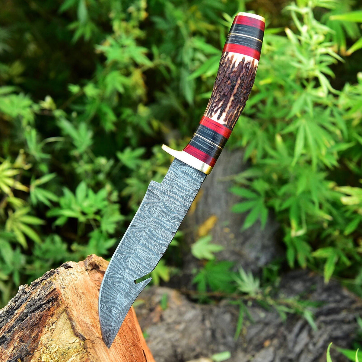 Custom Handmade Damascus Steel Hunting Skinning Knife Deer Stag Handle Guthook - Image 4