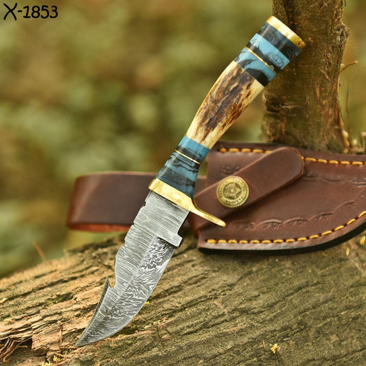 Damascus Blade Skinning Knife Stag Antler Turquoise Handle Brass Guard Sheath - Image 2