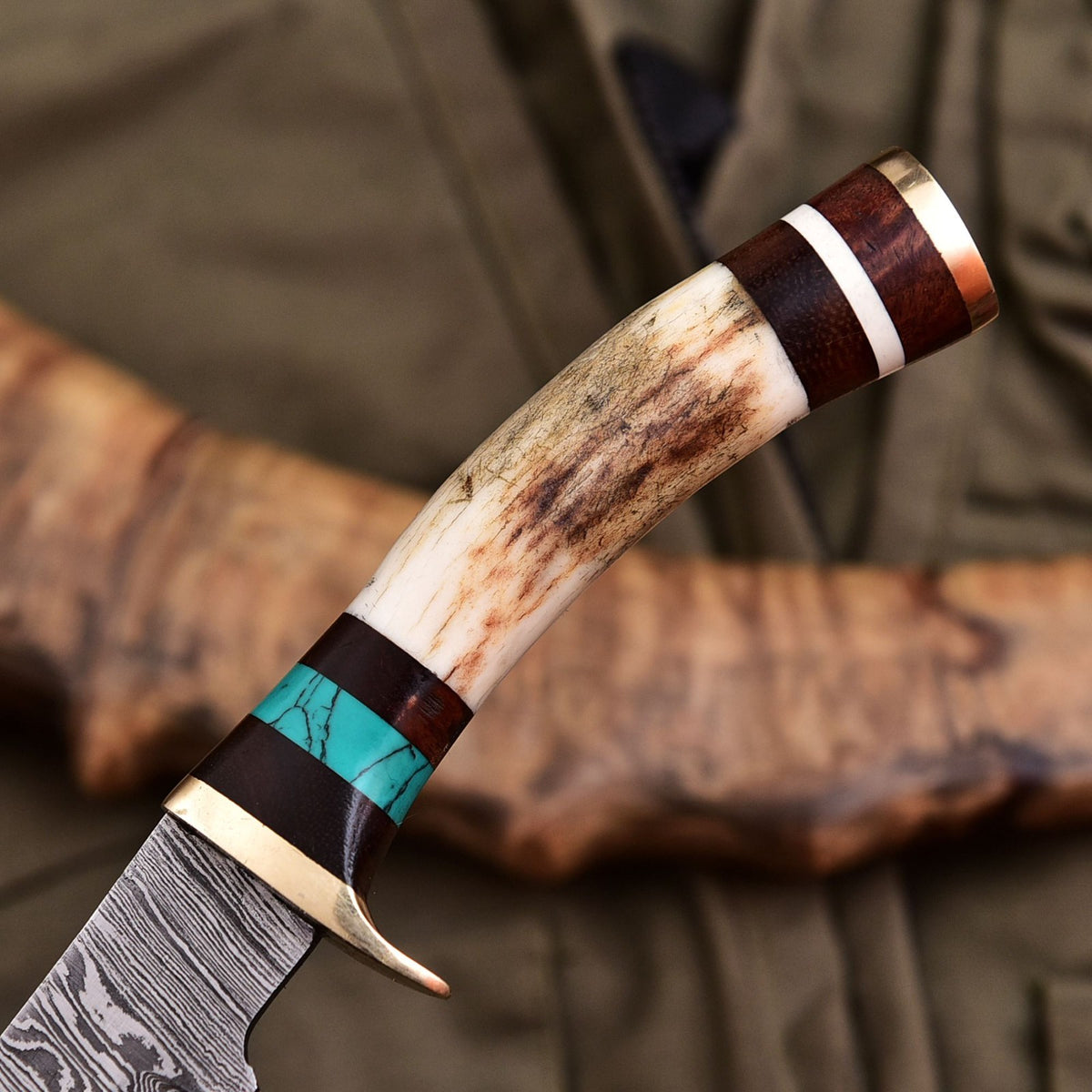 Forged Damascus Blade Skinning Knife Stag Antler Handle Brass Guard With Sheath - Image 2
