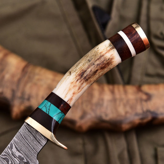 Forged Damascus Blade Skinning Knife Stag Antler Handle Brass Guard With Sheath - Image 2