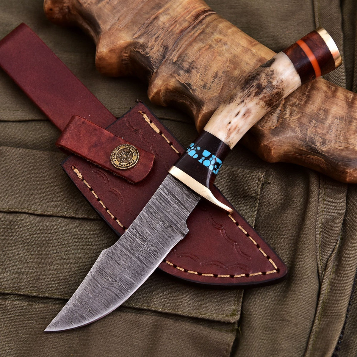 Forged Damascus Blade Skinning Knife Stag Antler Handle Brass Guard With Sheath - Image 2