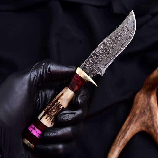 Forged Damascus Blade Skinner Knife Stag Antler Handle Tactical Survival Hunting - Image 2