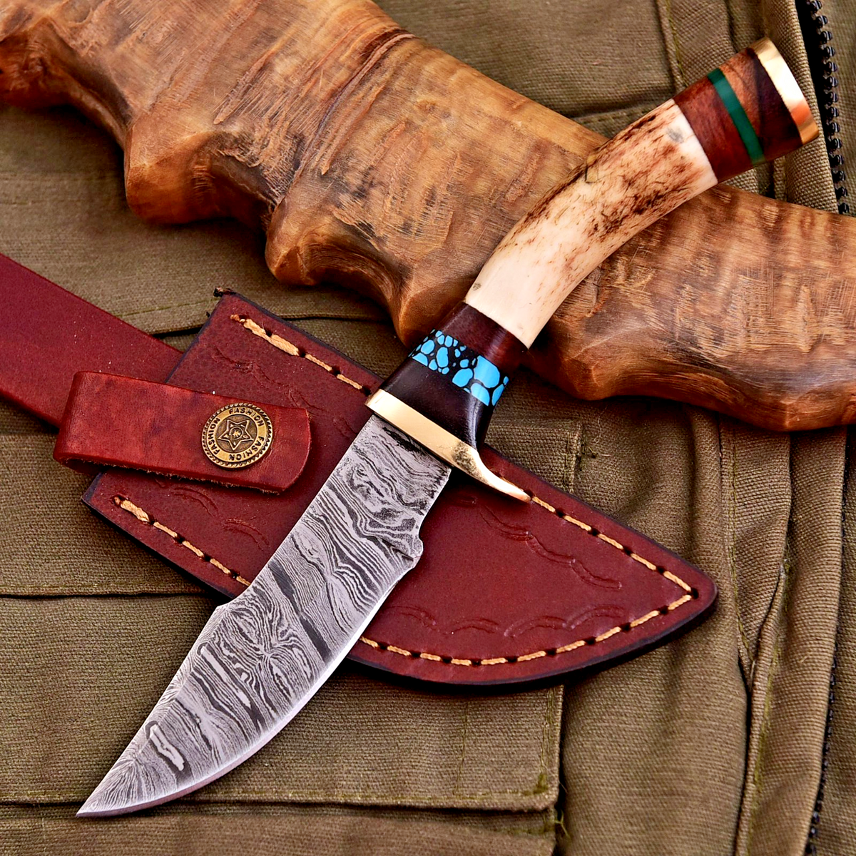 Forged Damascus Blade Skinning Knife Stag Antler Handle Brass Guard With Sheath - Image 2