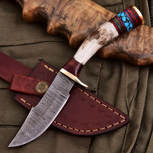 Forged Damascus Blade Skinning Knife Stag Antler Handle Brass Guard With Sheath - Image 2