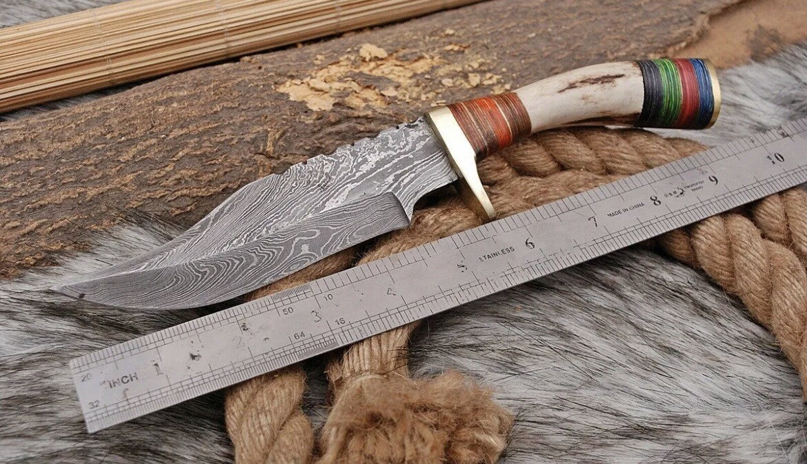 Handmade Damascus Stag Handle Forged Bowie Knife Hunting Knife Skinning Edc 10" - Image 3