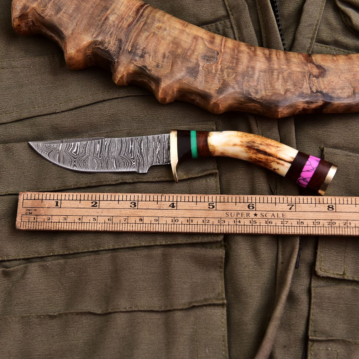 Forged Damascus Blade Skinning Knife Stag Antler Handle Brass Guard With Sheath - Image 4
