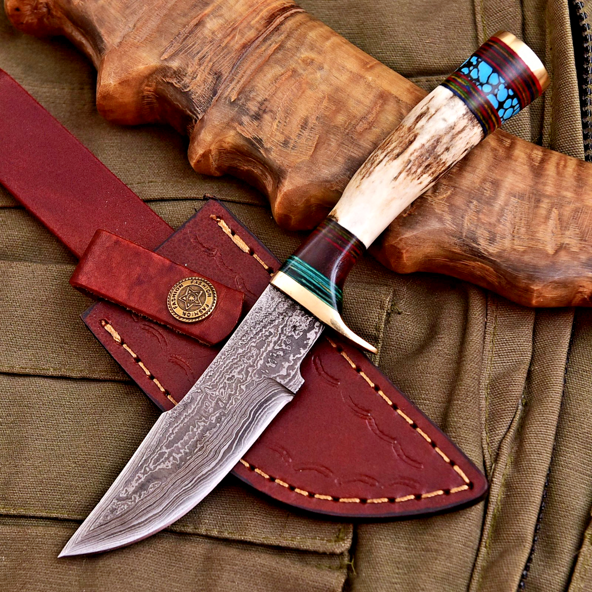 Forged Damascus Blade Skinning Knife Stag Antler Handle Brass Guard With Sheath - Image 1