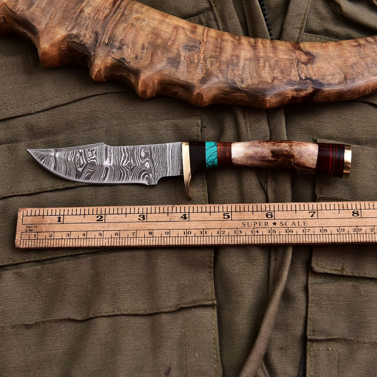 Forged Damascus Blade Skinning Knife Stag Antler Handle Brass Guard With Sheath - Image 4