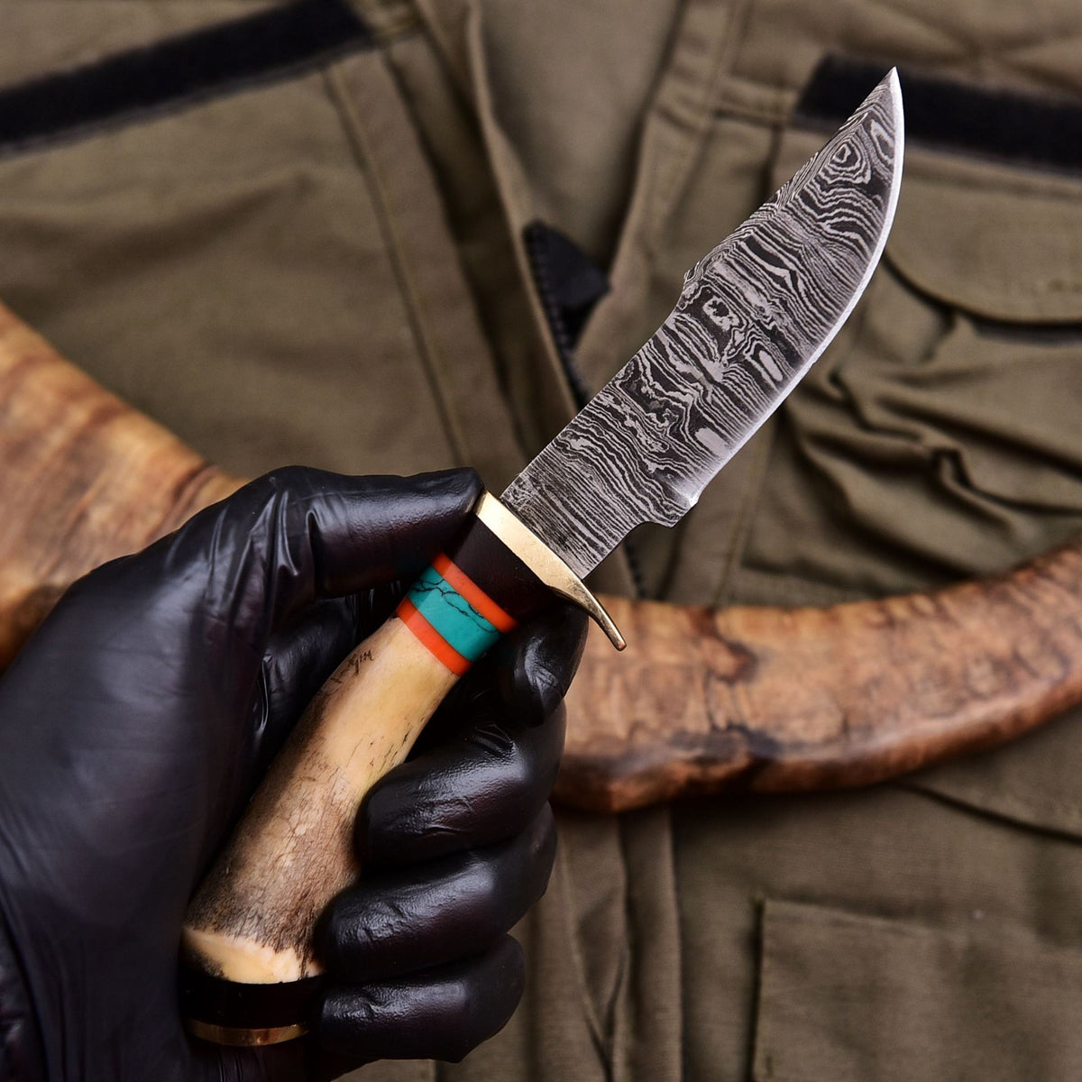 Forged Damascus Blade Skinning Knife Stag Antler Handle Brass Guard With Sheath - Image 3