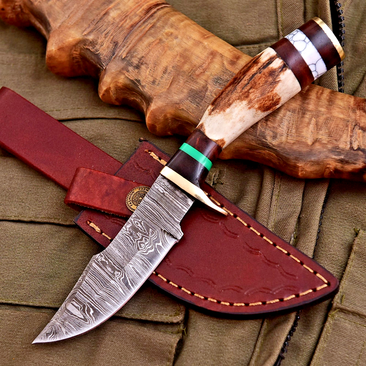 Forged Damascus Blade Skinning Knife Stag Antler Handle Brass Guard With Sheath - Image 1