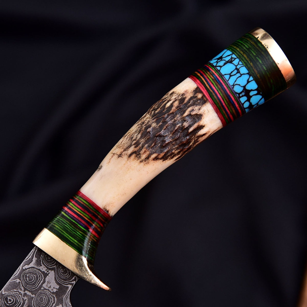 Vintage Damascus Blade Skinner Knife Stag Antler Handle Tactical Outdoor Hunting - Image 3
