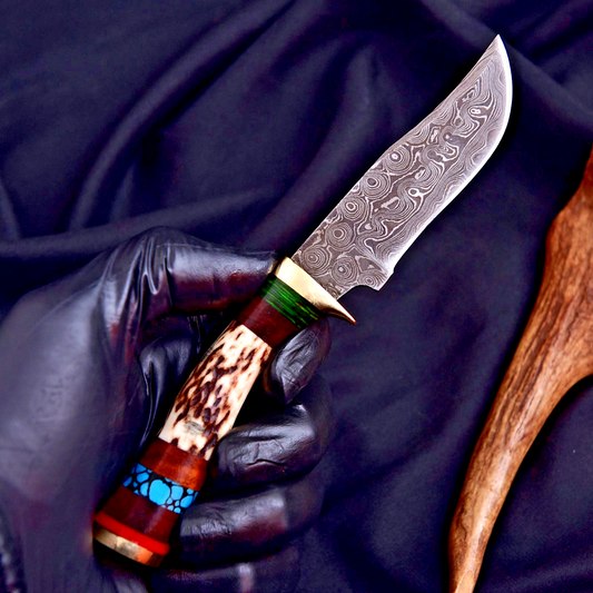 Edc Damascus Steel Blade Skinning Knife Original Stag Antler Handle Brass Guard - Image 1