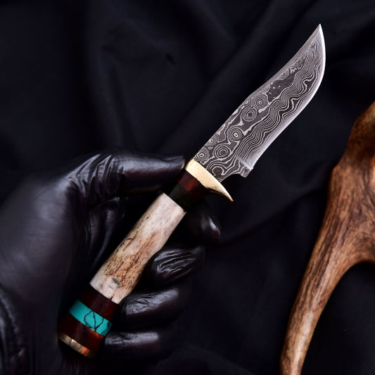 Forged Damascus Blade Skinning Knife Stag Antler Handle Tactical Survival Hunter - Image 1