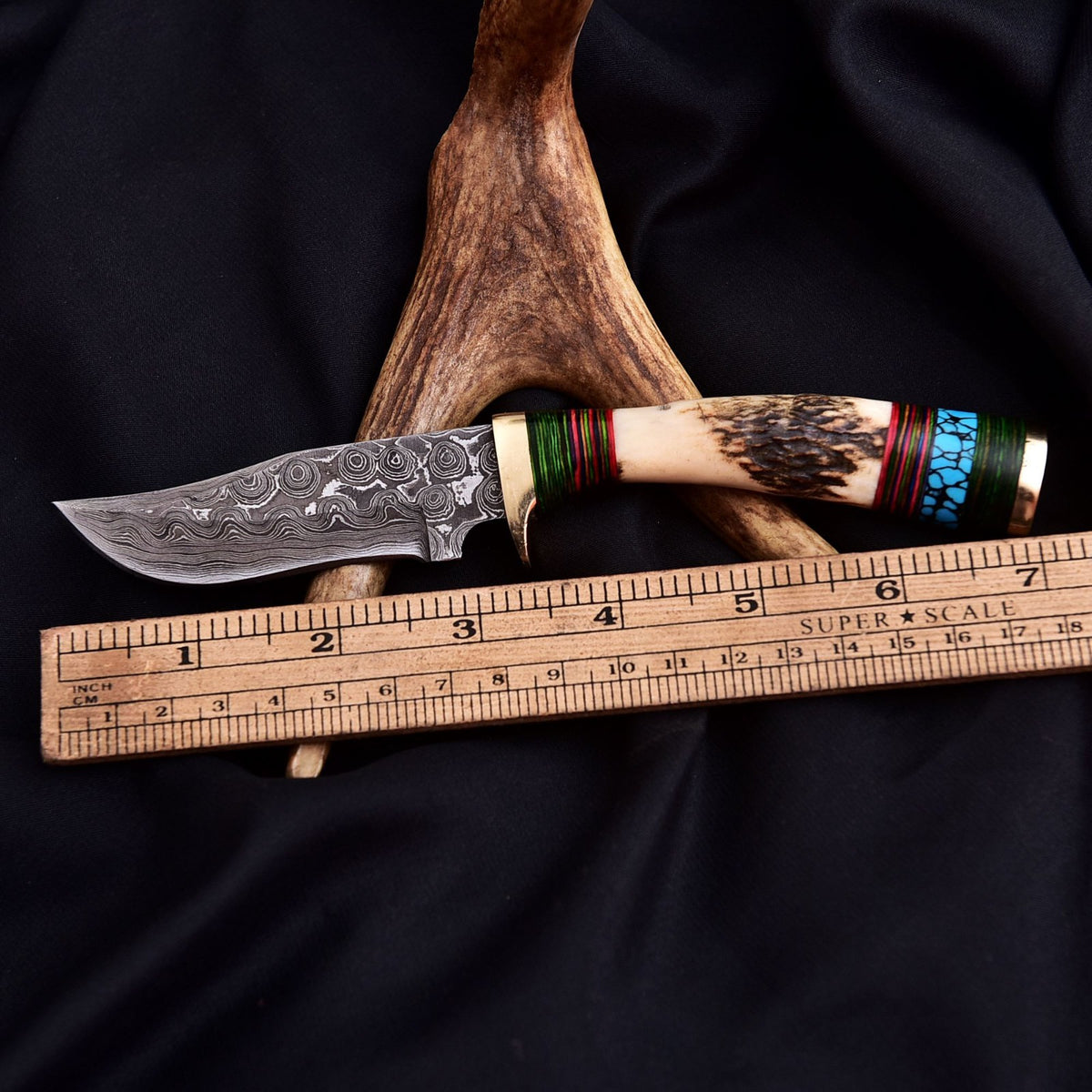 Vintage Damascus Blade Skinner Knife Stag Antler Handle Tactical Outdoor Hunting - Image 4